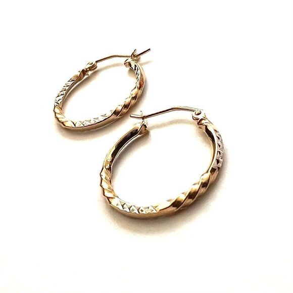 14k Yellow Gold two tone DC Hoop Earrings | 20 mm | Real Gold Huggies Earrings - Picture 4 of 7